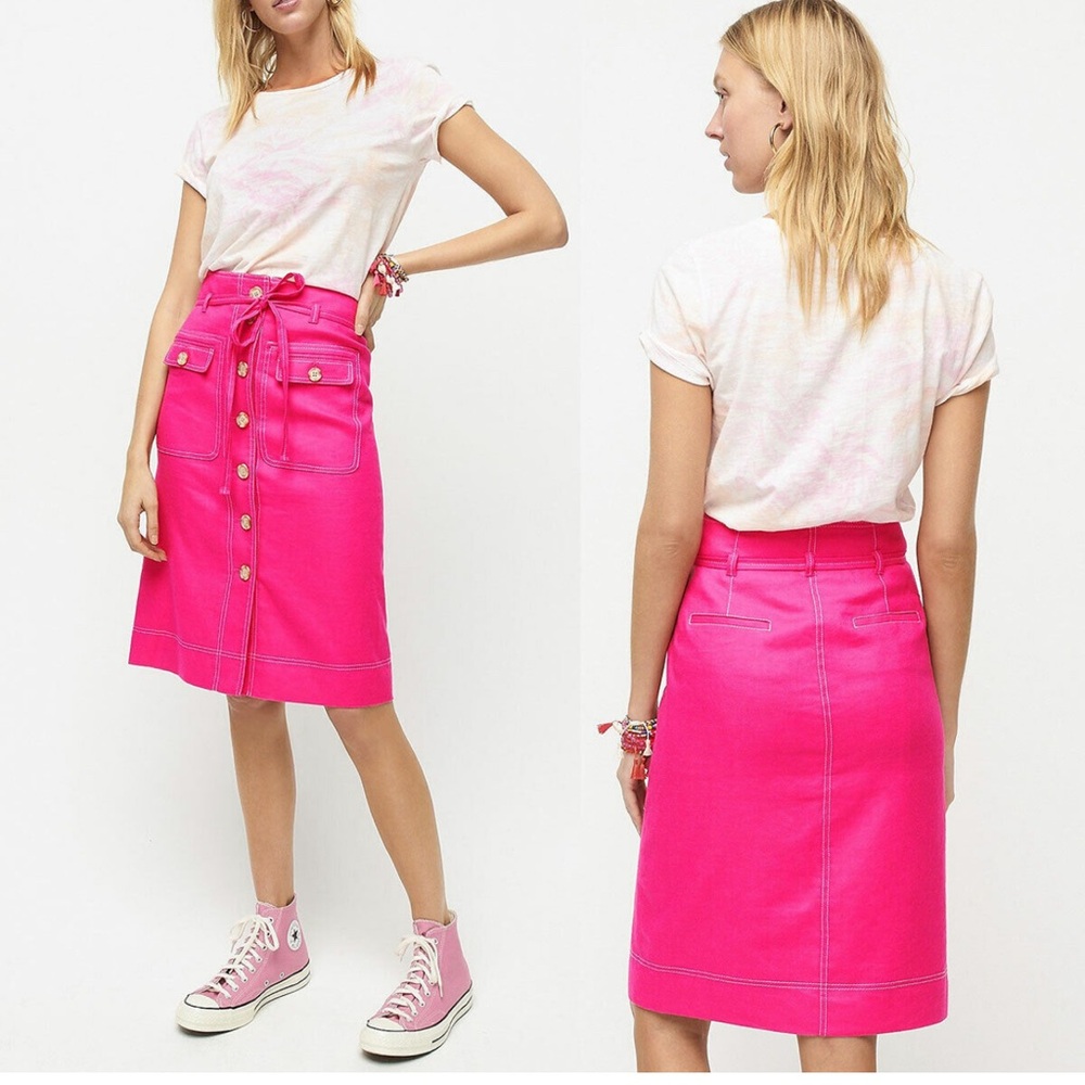 JCrew Button-Up Skirt with Removable Belt in Stretch Linen